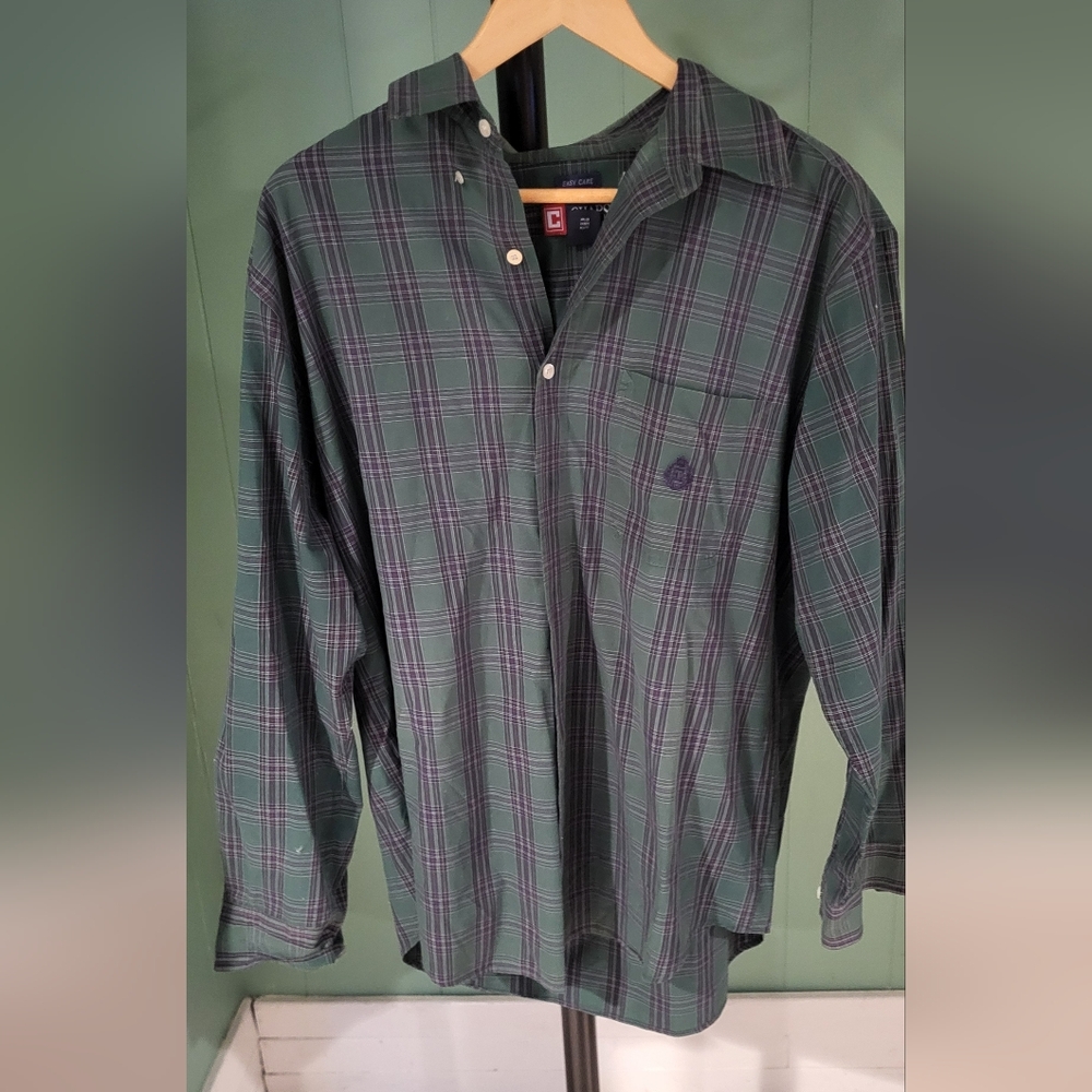 Chaps Dark Green Plaid Shirt, Large, Classic, Preppy